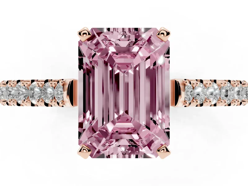 Fancy Pink Emerald Cut Diamond Solitaire Engagement Ring Set in Rose gold with Delicate Pavé Band and Prong Setting