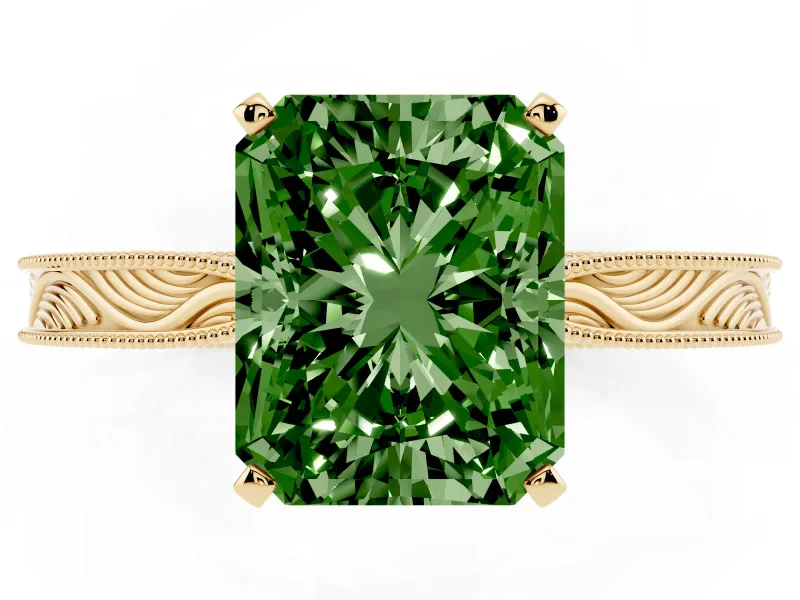 Fancy Green Radiant Cut Diamond Solitaire Milgrain Engraved Band Set in Yellow gold with Prong Setting