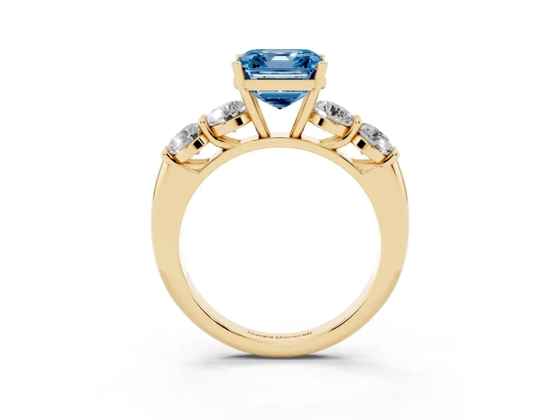 Asscher Cut Five Stone Engagement Ring Setting for a Fancy Blue Lab-Grown Diamond | Prong Set Side Stones | Yellow Gold