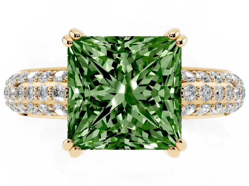 Princess Cut Three Row Pave Engagement Ring Setting for a Fancy Green Lab-Grown Diamond | Double Claws | Yellow Gold