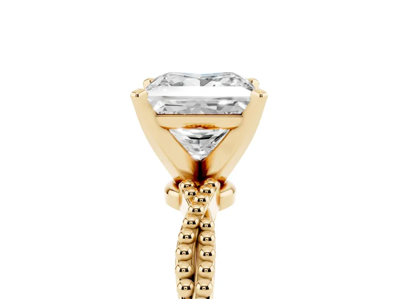 Princess Cut Diamond Solitaire Ring Set in Yellow gold with Twisted Band and Bead Prong Setting