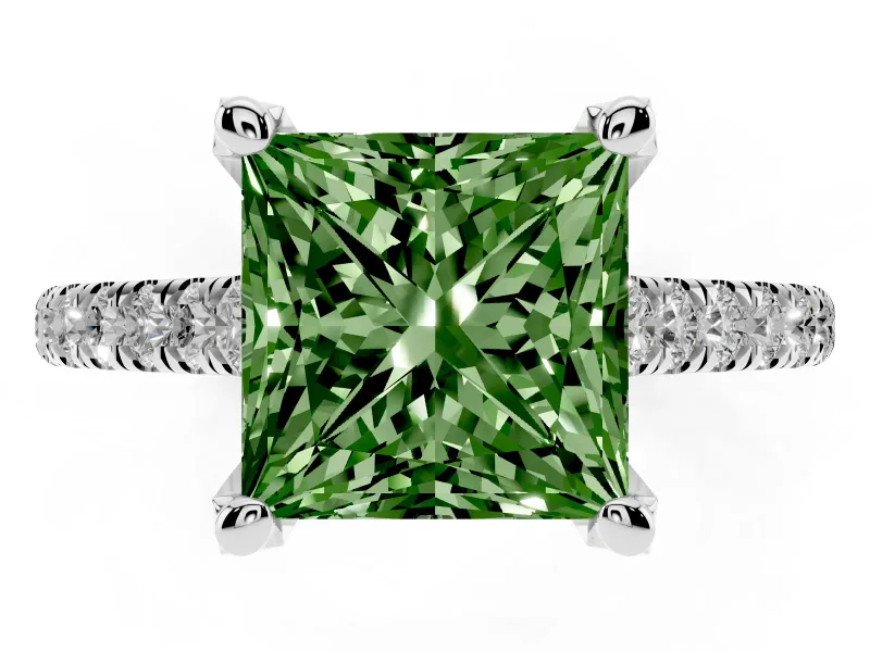 Princess Cut Hidden Halo Engagement Ring Setting for a Fancy Green Lab-Grown Diamond | Claw Prongs | Sterling Silver
