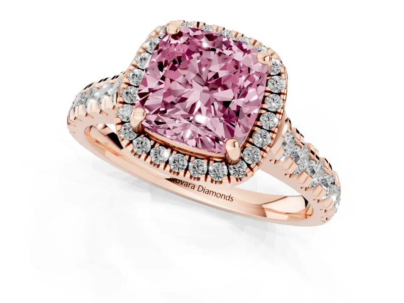 Cushion Cut Accented Halo Engagement Ring Setting for a Fancy Pink Lab-Grown Diamond | Rose Gold