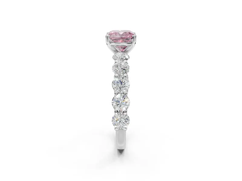 Cushion Cut Side Stone Engagement Ring Setting for a Fancy Pink Lab-Grown Diamond | Scalloped Prong Accents | White Gold