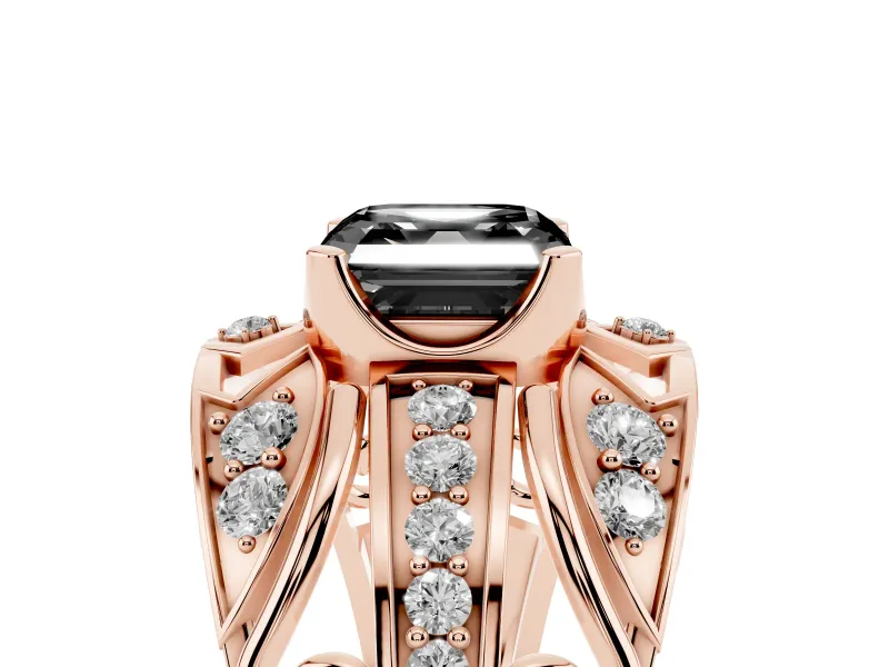 Fancy Black Asscher Cut Diamond Art Deco Ring Set in Rose gold with Pavé Split Shank