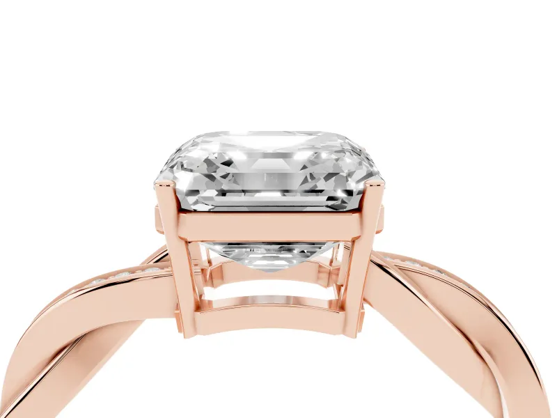 Asscher Cut Diamond Solitaire Twisted Pavé Ring Set in Rose gold with Prong Setting