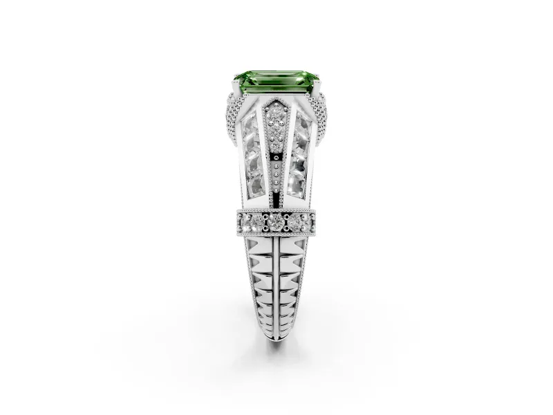 Fancy Green Emerald Cut Diamond Vintage-Inspired Milgrain Ring Set in Silver with Accent Split Shank