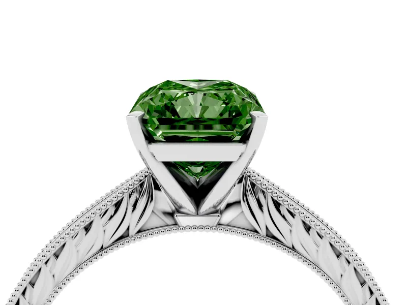 Fancy Green Radiant Cut Diamond Solitaire Milgrain Engraved Band Set in Platinum with Prong Setting
