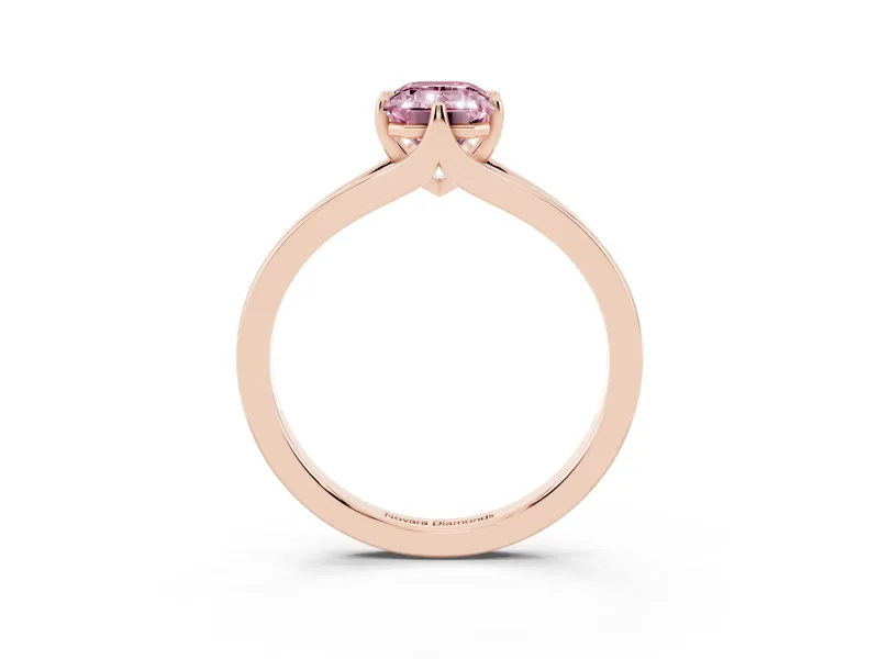 Fancy Pink Emerald Cut Diamond Solitaire Ring Set in Rose gold with Polished Tapered Band and Prong Setting
