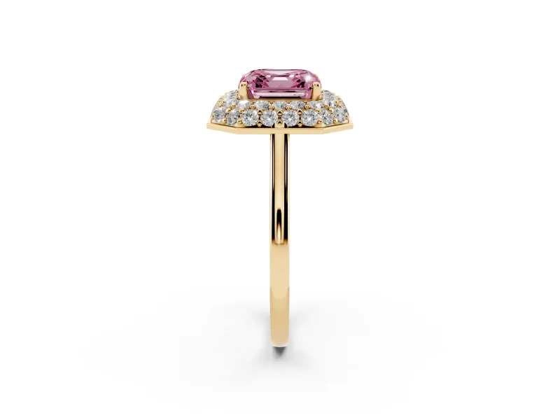 Fancy Pink Asscher Cut Diamond Halo Engagement Ring Set in Yellow gold with Solitaire Band and Prong Setting
