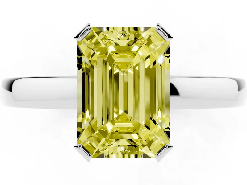 Fancy Yellow Emerald Cut Diamond Solitaire Ring Set in Platinum with Prong Head and Smooth Polished Band