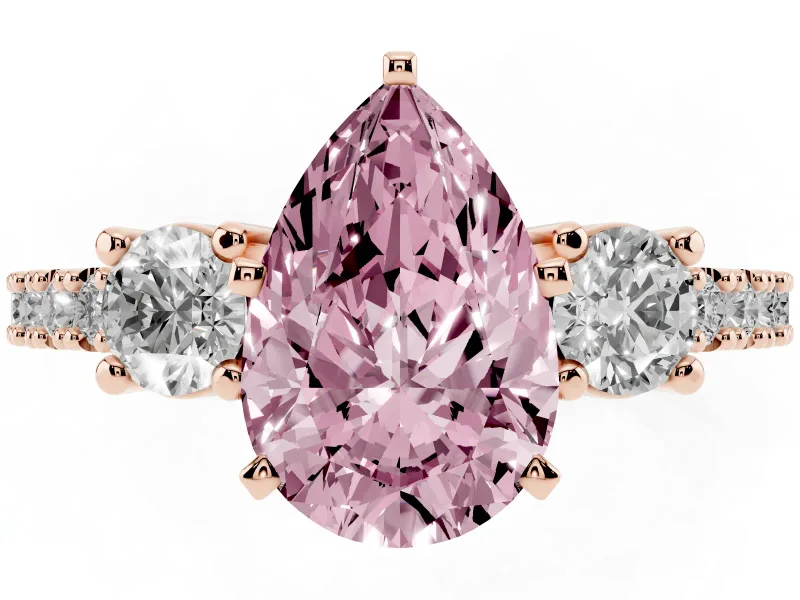 Pear-Shaped Three Stone Pavé Engagement Ring Setting for a Fancy Pink Lab-Grown Diamond | Round Side Stones | Rose Gold