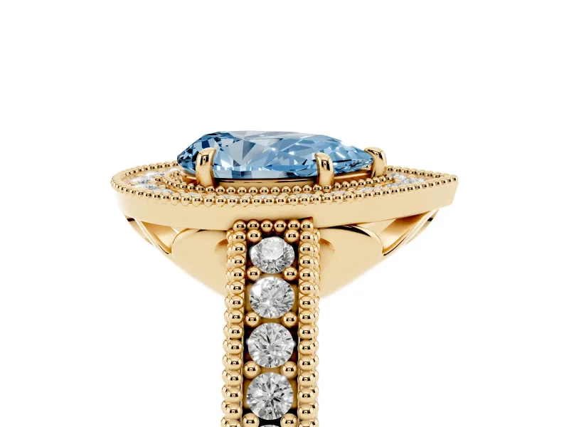 Pear-Shaped Milgrain Halo Engagement Ring Setting for a Fancy Blue Lab-Grown Diamond | Carved Leaf Detail | Yellow Gold