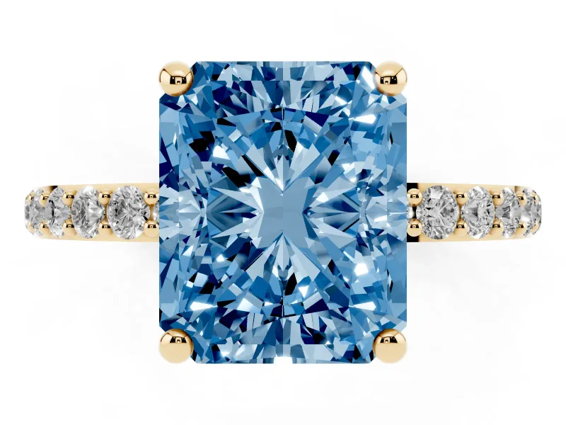 Fancy Blue Radiant Cut Diamond Solitaire Ring Set in Yellow gold with Round Pavé Band and Prong Setting