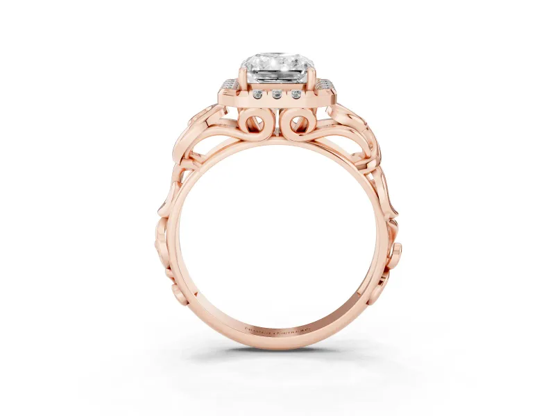 Radiant Cut Diamond Halo Ring Set in Rose gold with Scrollwork Band and Prong Setting