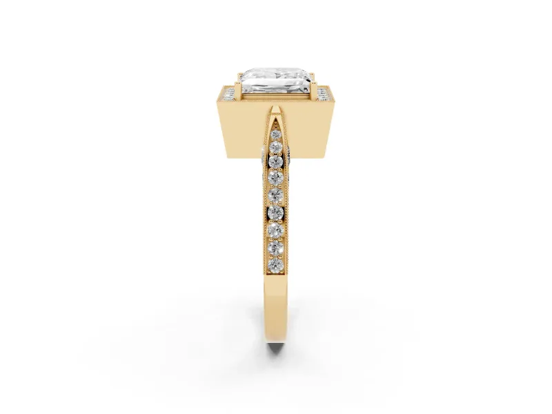 Princess Cut Vintage Milgrain Halo Engagement Ring Setting | Side Stones and Pave | Yellow Gold
