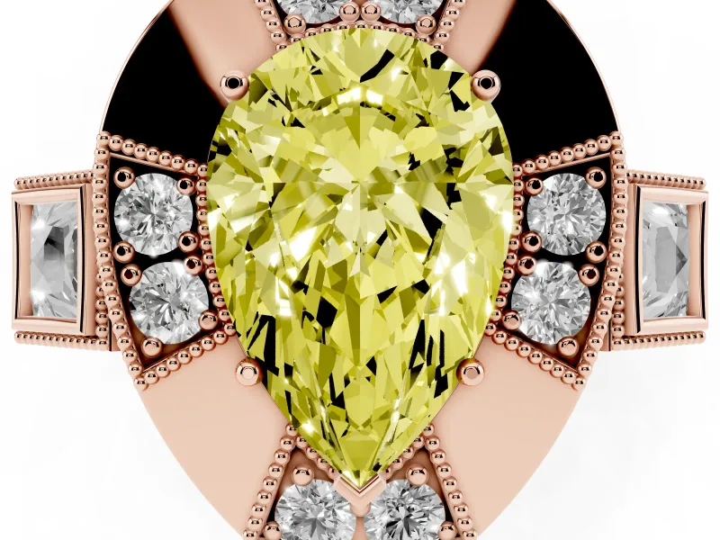 Fancy Yellow Pear Cut Diamond Milgrain Halo Ring Set in Rose gold with Split Shank