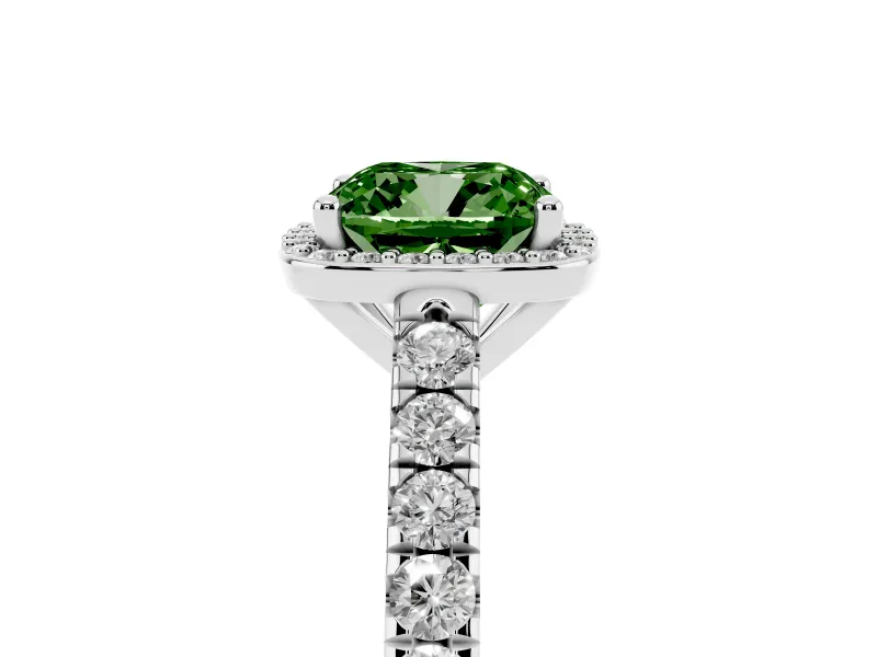 Fancy Green Cushion Cut Diamond Halo Engagement Ring Set in White gold with Pavé Band and Prong Setting