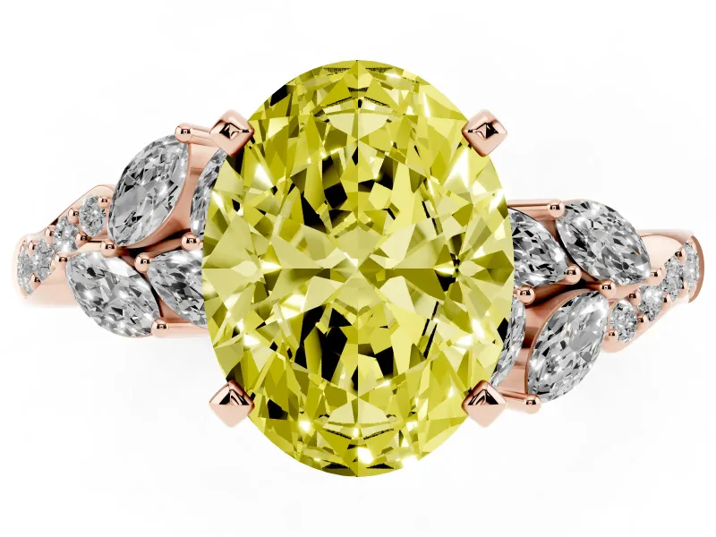 Fancy Yellow Oval Cut Diamond Solitaire Ring Set in Rose gold with Marquise Twist Band and Prong Setting