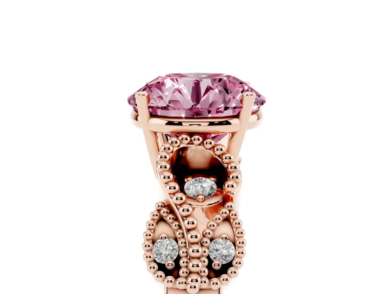 Fancy Pink Round Cut Diamond Milgrain Leaf Band Solitaire Ring Set in Rose gold with Accent Stones and Prong Setting