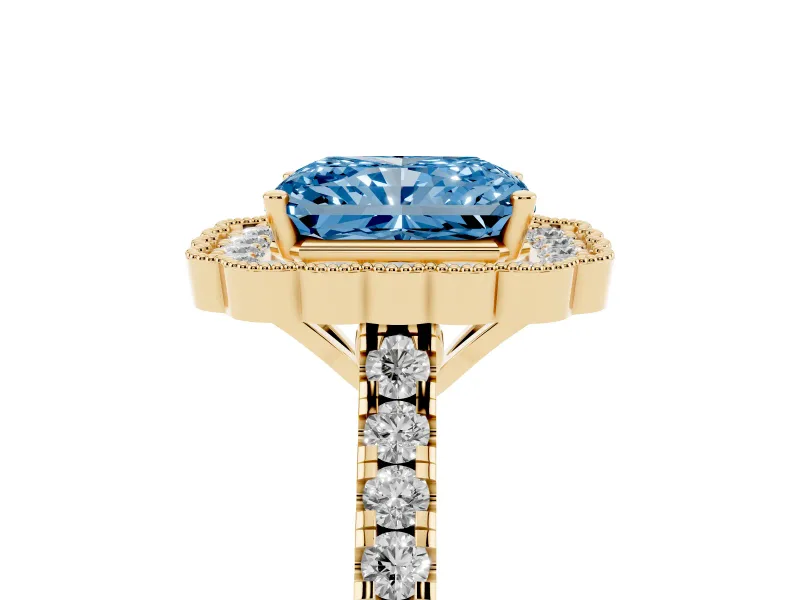 Fancy Blue Radiant Cut Diamond Milgrain Floral Halo Engagement Ring Set in Yellow gold with Pavé Band