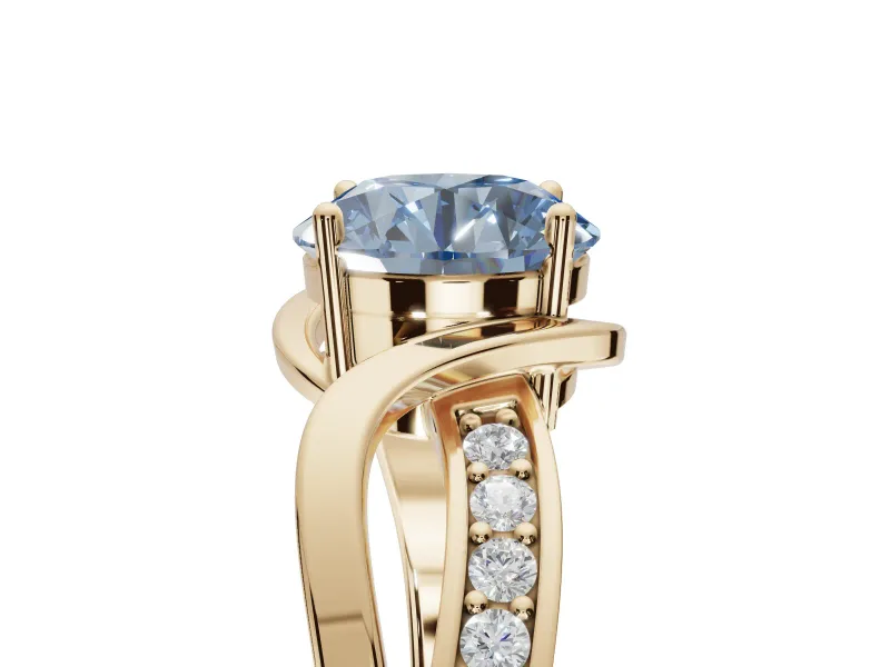 Round Bypass Solitaire Engagement Ring Setting for a Fancy Blue Lab-Grown Diamond | Pavé and Plain Strands | Yellow Gold