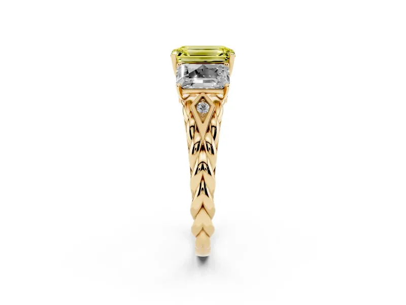 Emerald Cut Three Stone Engagement Ring Setting for a Fancy Yellow Lab-Grown Diamond | Braided Band | Yellow Gold