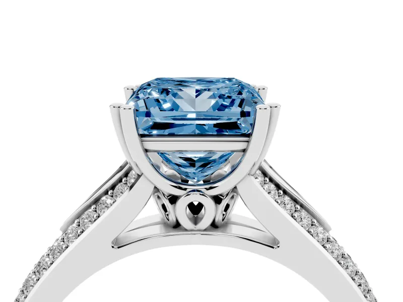 Princess Cut Pave Split Shank Engagement Ring Setting for a Fancy Blue Lab-Grown Diamond | Double Claw Prongs | Platinum