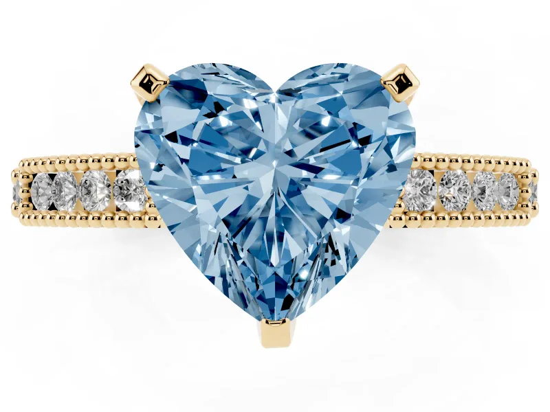 Fancy Blue Heart Cut Diamond Solitaire Ring Set in Yellow gold with Slim Pavé Band and Prong Setting
