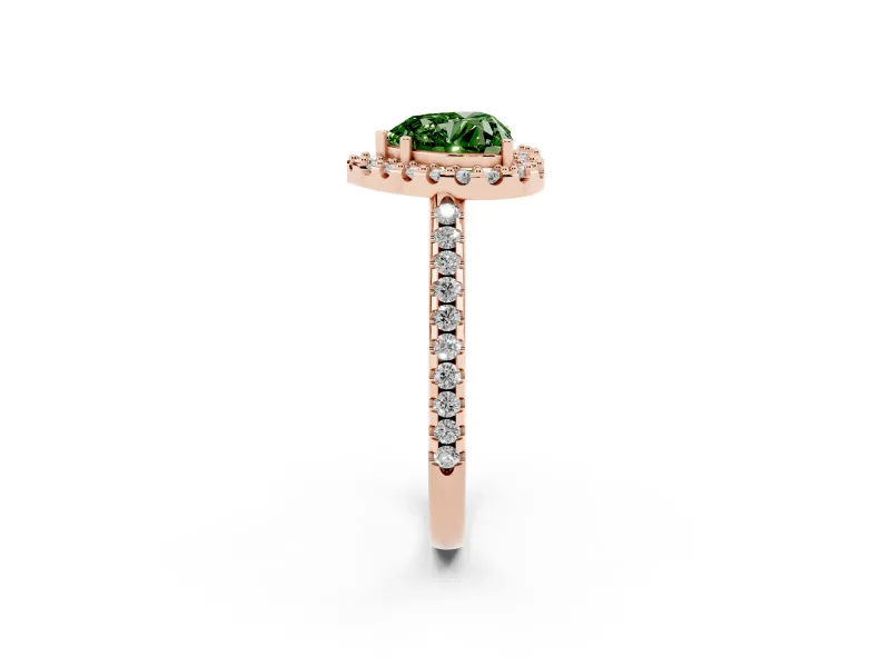 Heart-Shaped Pave Halo Engagement Ring Setting for a Fancy Green Lab-Grown Diamond | Pave Band | Rose Gold