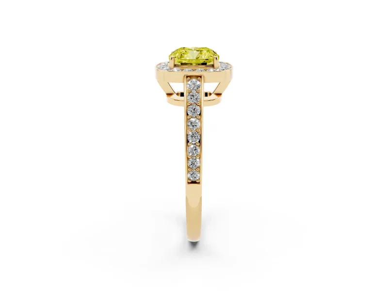 Cushion Cut Framed Halo Engagement Ring Setting for a Fancy Yellow Lab-Grown Diamond | Yellow Gold