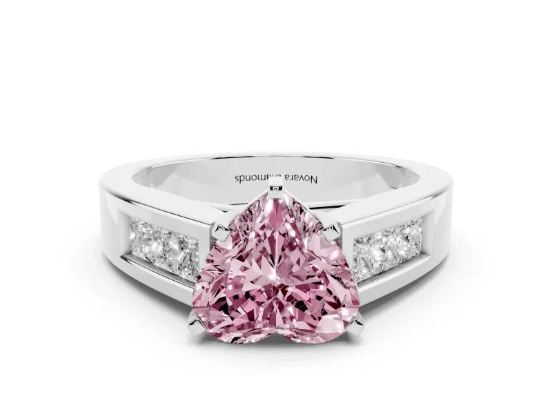 Fancy Pink Heart Cut Diamond Solitaire Ring Set in Silver with Channel-Set Accent Stones and Prong Setting