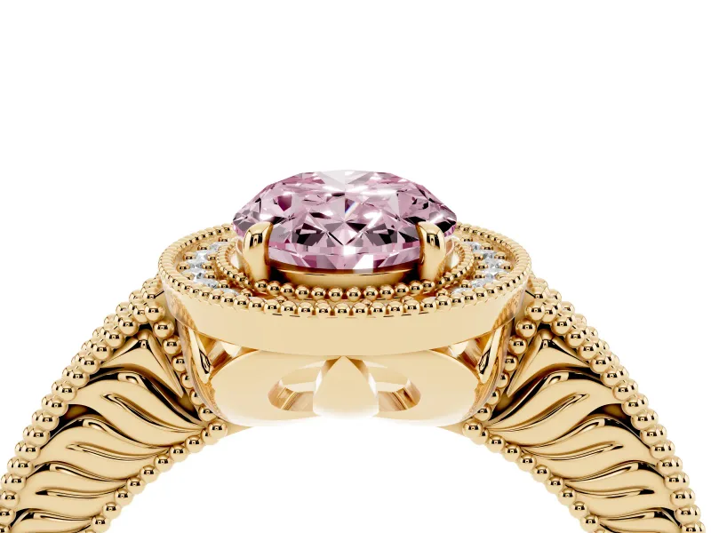 Fancy Pink Oval Cut Diamond Halo Ring Set in Yellow gold with Round Accent Halo, Pavé Band and Prong Setting