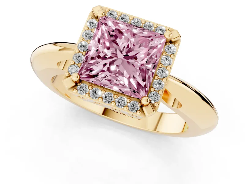 Princess Cut Halo Engagement Ring Setting for a Fancy Pink Lab-Grown Diamond | Plain Tapered Band | Yellow Gold