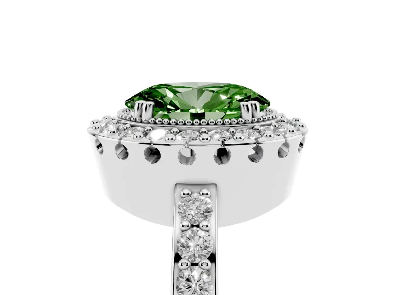 Fancy Green Oval Cut Diamond Halo Ring Set in Platinum with Pavé Shank and Prong Setting