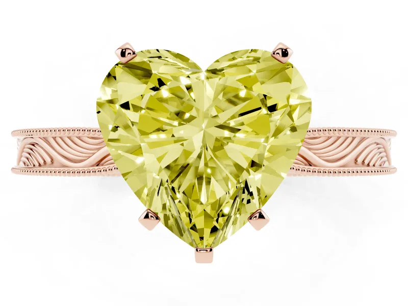 Fancy Yellow Heart Cut Diamond Solitaire Milgrain Engraved Band Set in Rose gold with Prong Setting