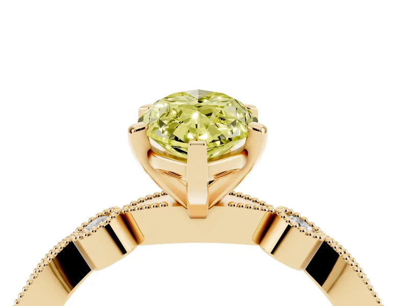 Fancy Yellow Marquise Cut Diamond Solitaire Engagement Ring Set in Yellow gold with Milgrain Bezel Accent Band