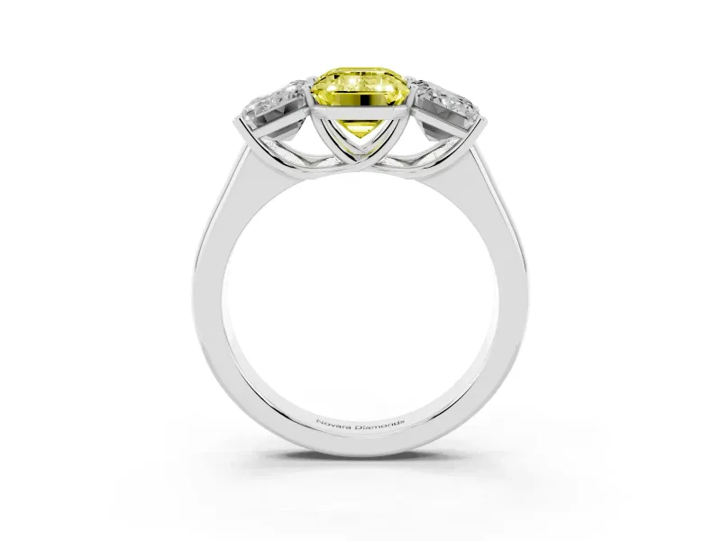 Emerald Cut Three Stone Engagement Ring Setting for a Fancy Yellow Lab-Grown Diamond | Basket Prong Heads | Platinum
