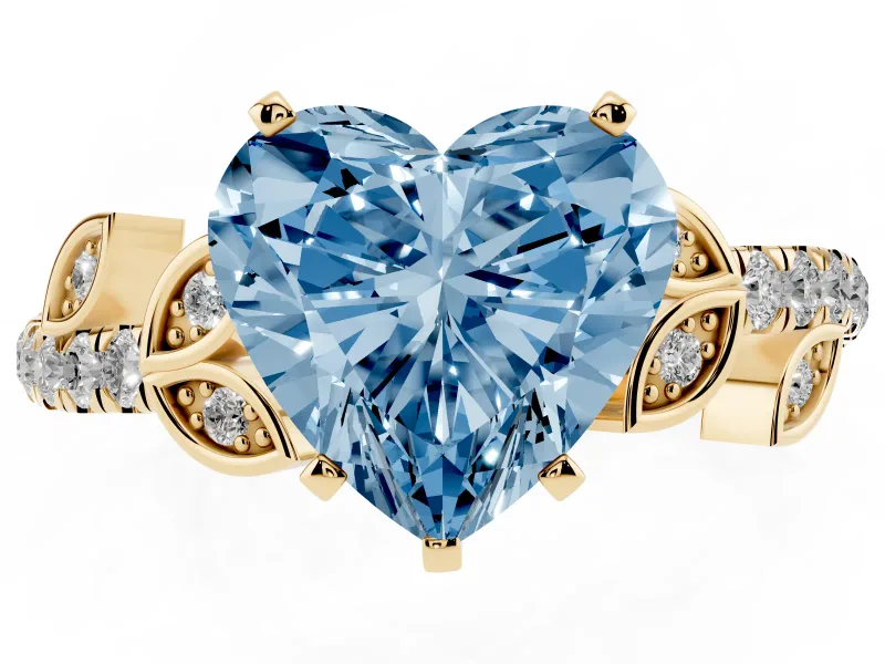 Fancy Blue Heart Cut Diamond Solitaire Leaf-Inspired Ring Set in Yellow gold with Pavé Band and Prong Setting