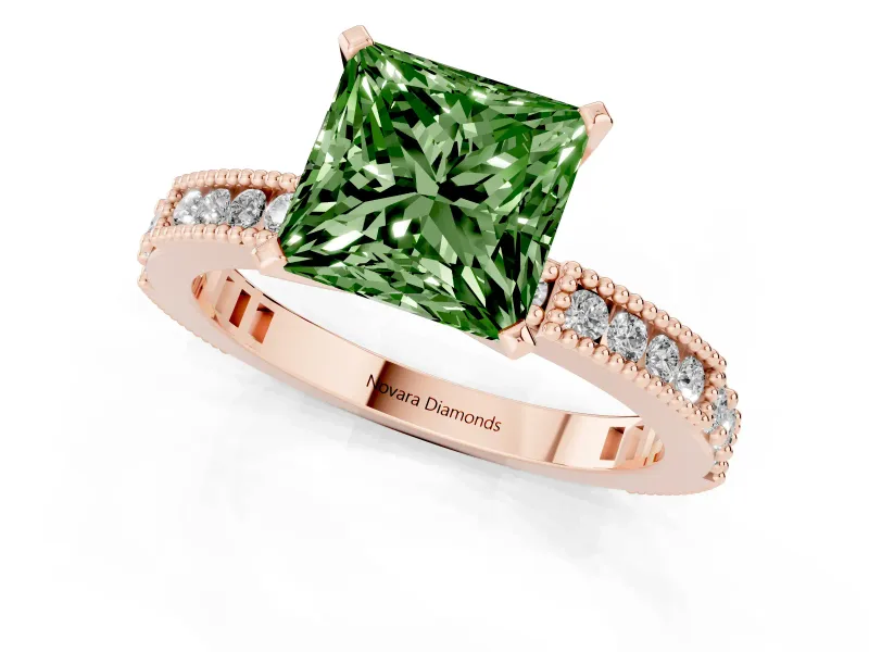 Fancy Green Princess Cut Diamond Solitaire Ring Set in Rose gold with Slim Pavé Band and Prong Setting