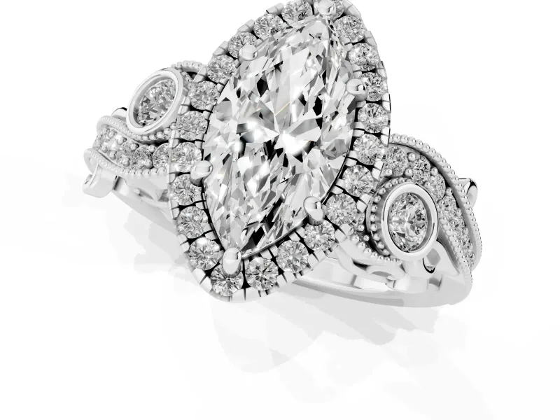 Marquise Cut Diamond Halo Ring Set in White gold with Milgrain Pavé Band and Prong Setting