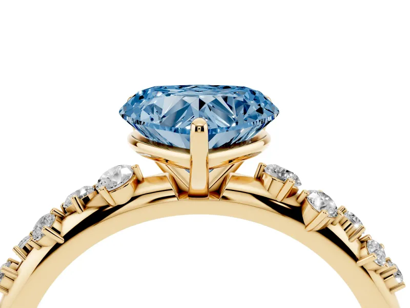 Fancy Blue Heart Cut Diamond Cluster Solitaire Ring Set in Yellow gold with Prong Setting