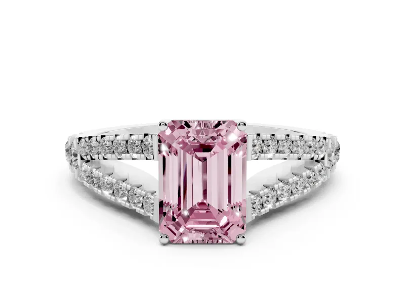 Fancy Pink Emerald Cut Diamond Split Shank Pavé Engagement Ring Set in Platinum with Prong-Held Center Stone