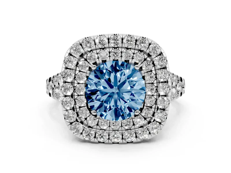 Fancy Blue Round Cut Diamond Double Halo Ring Set in White gold with Pavé Split Shank and Prong Setting