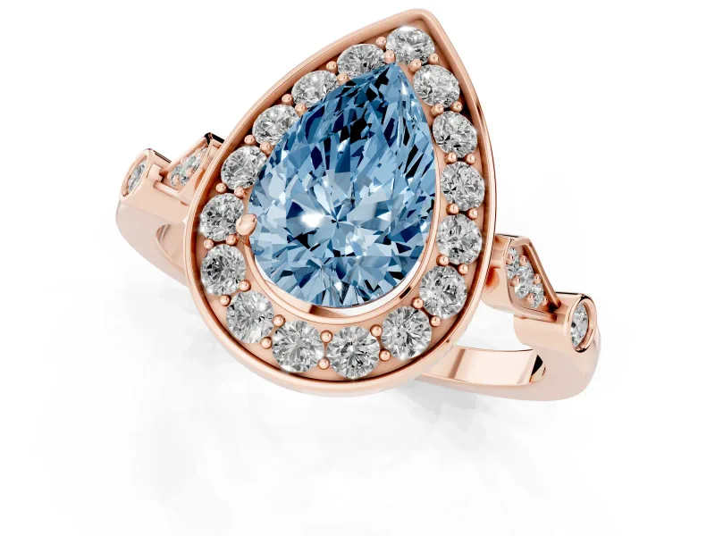Fancy Blue Pear Cut Diamond Halo Engagement Ring Set in Rose gold with Twisted Band and Prong Setting