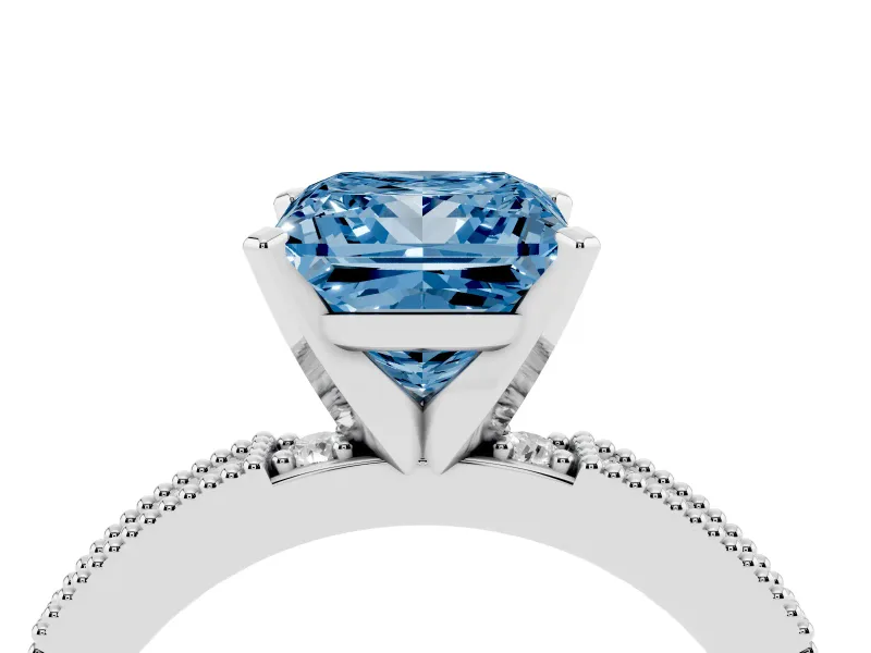 Fancy Blue Princess Cut Diamond Solitaire Ring Set in Silver with Slim Pavé Band and Prong Setting