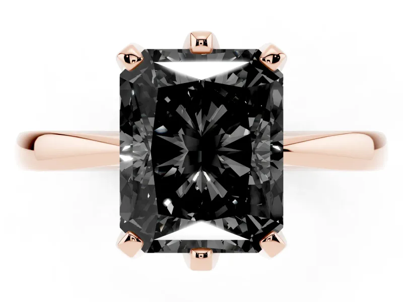 Fancy Black Radiant Cut Diamond Solitaire Engagement Ring Set in Rose gold with Slim Tapered Solitaire Band