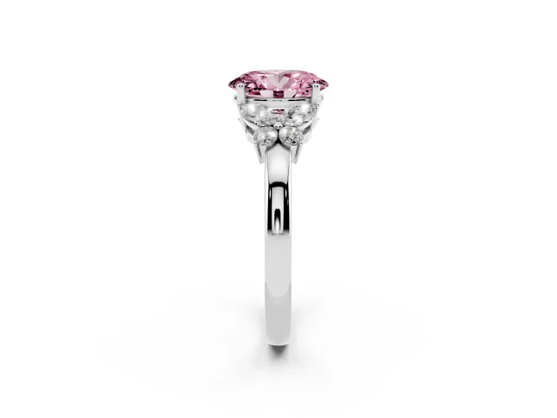 Fancy Pink Oval Cut Diamond Solitaire Floral Ring Set in White gold with Marquise Petals and Prong Setting