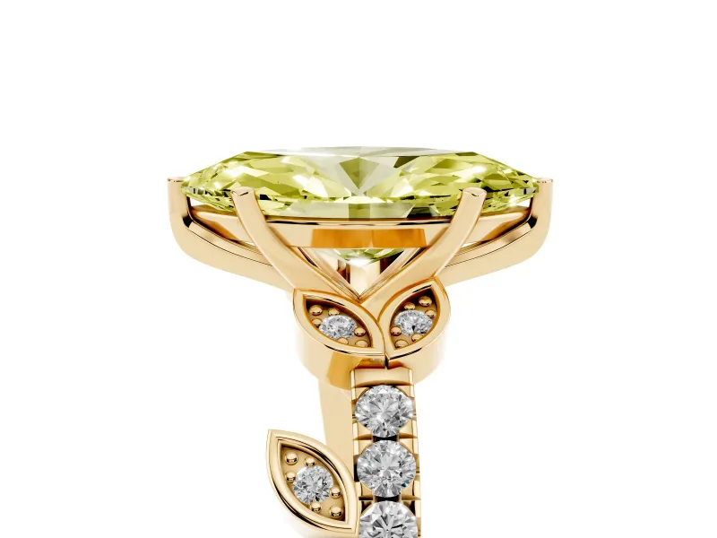 Fancy Yellow Marquise Cut Diamond Solitaire Leaf-Inspired Ring Set in Yellow gold with Pavé Band and Prong Setting