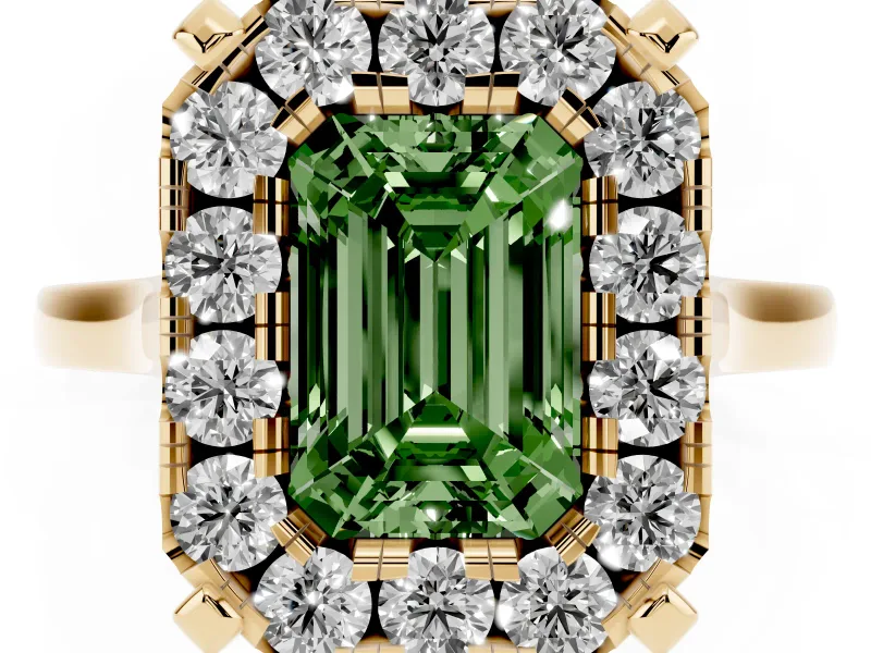 Emerald Cut Claw Corner Halo Engagement Ring Setting for a Fancy Green Lab-Grown Diamond | Slim Plain Band | Yellow Gold